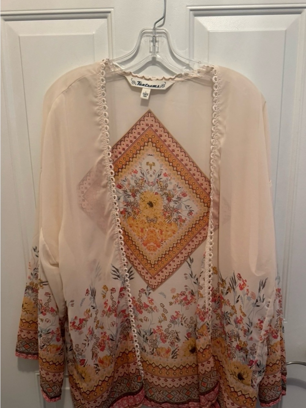 Tantrums Blush Floral Sheer Open Kimono with Yellow Medallion-Large